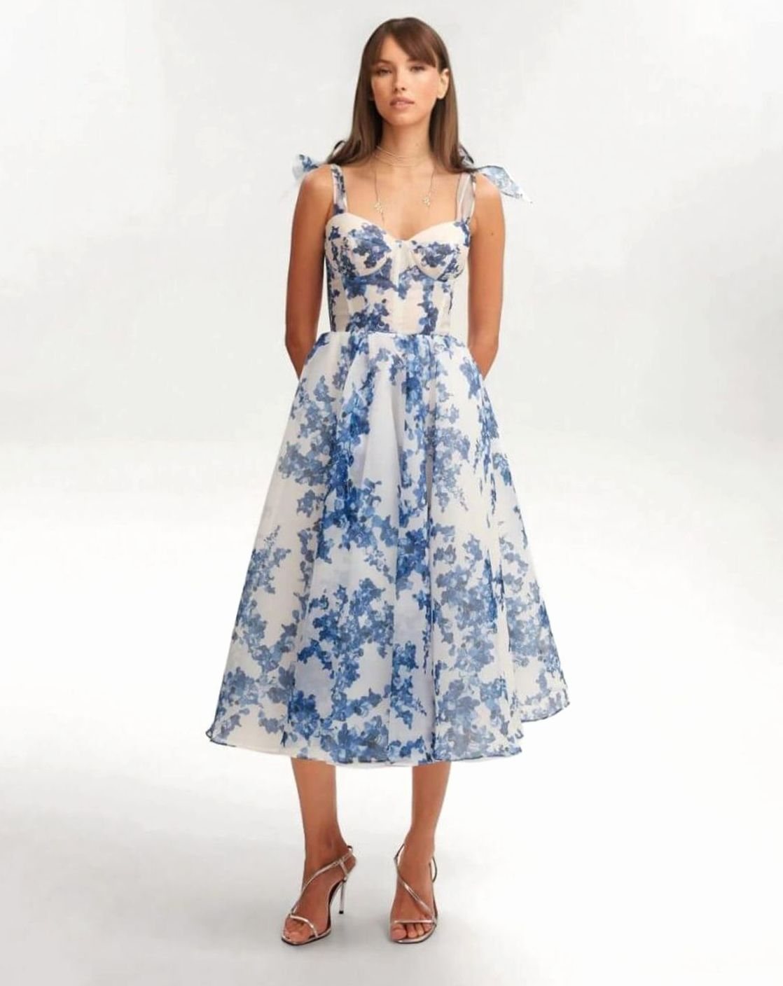 Women's Floral Off-Shoulder Corset Wedding Guest Midi Dress - Blue