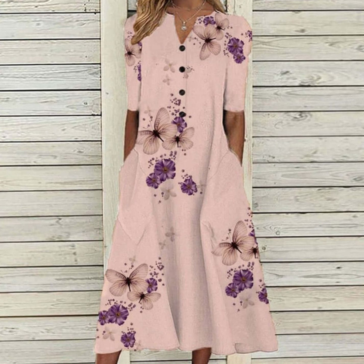 Women's Floral Print Boho Midi Dress V-Neck Short Sleeve Pockets - Pink