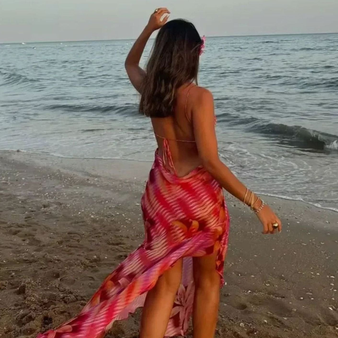 Women's Floral Print Spaghetti-Strap Side-Slit Maxi Dress