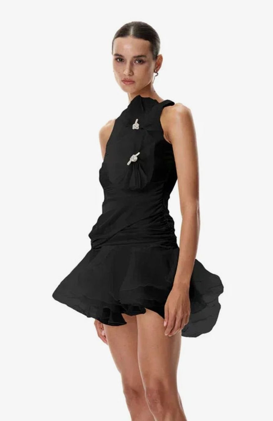 Women's Floral Ruffle Pleated Sleeveless Formal Mini Dress