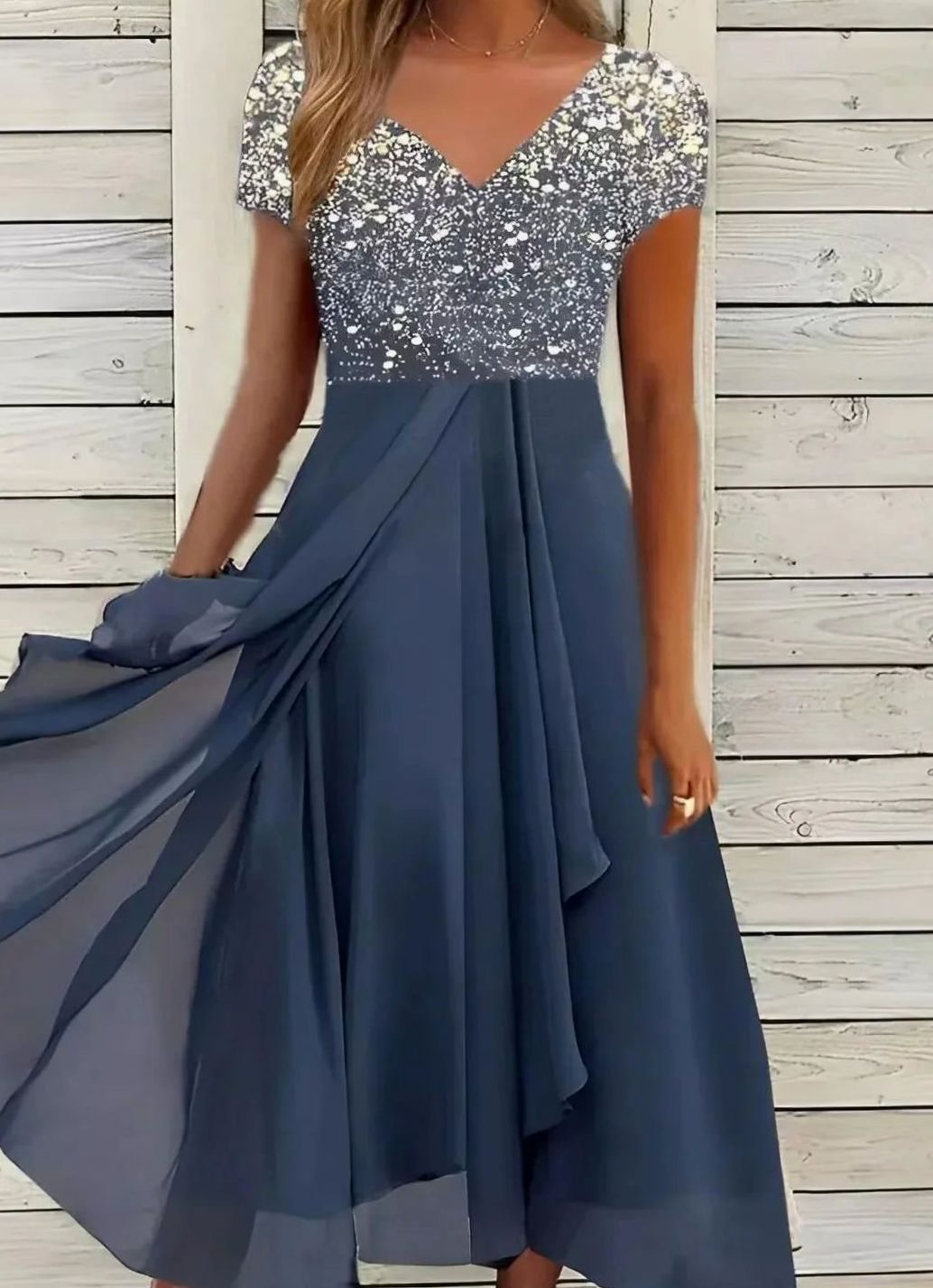 Women's Floral Sequin Midi Evening Formal Dress V-Neck - Silver Blue