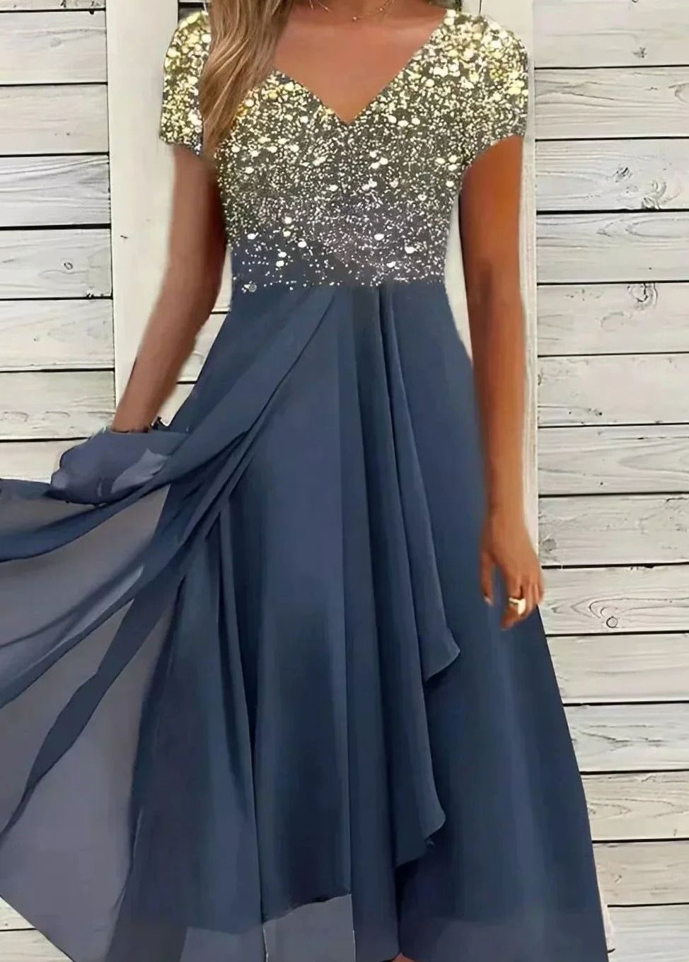 Women's Floral Sequin Midi Evening Formal Dress V-Neck - Gold Blue