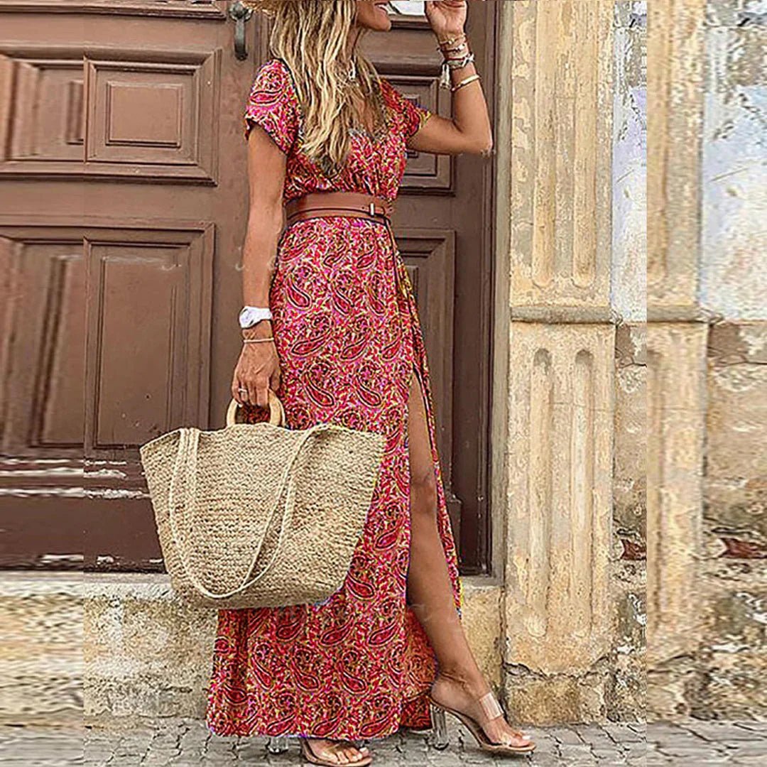 Women's Floral Short Sleeve V-Neck Maxi Dresses Floor Length - Pink