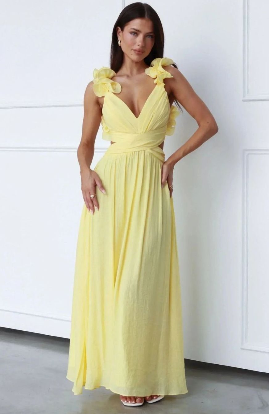 Women's Floral-Shoulder V-Neck Sleeveless Maxi Dress - Butter Yellow