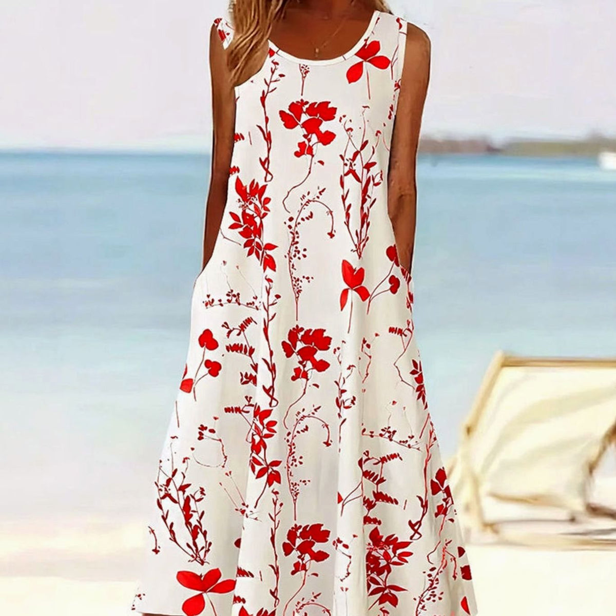 Women's Floral Sleeveless A-Line Midi Sundress with Pockets - Red