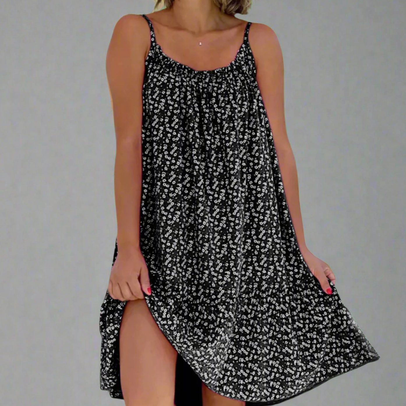 Women's Floral Spaghetti-Strap Swing Mini Dress - Black