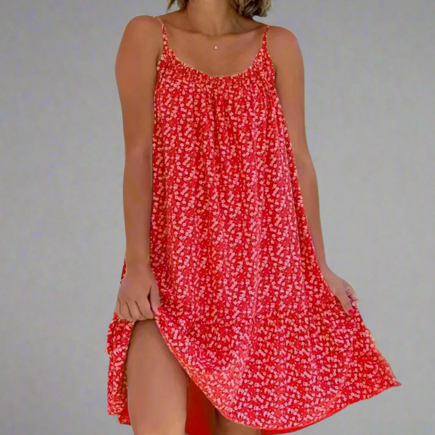 Women's Floral Spaghetti-Strap Swing Mini Dress - Red