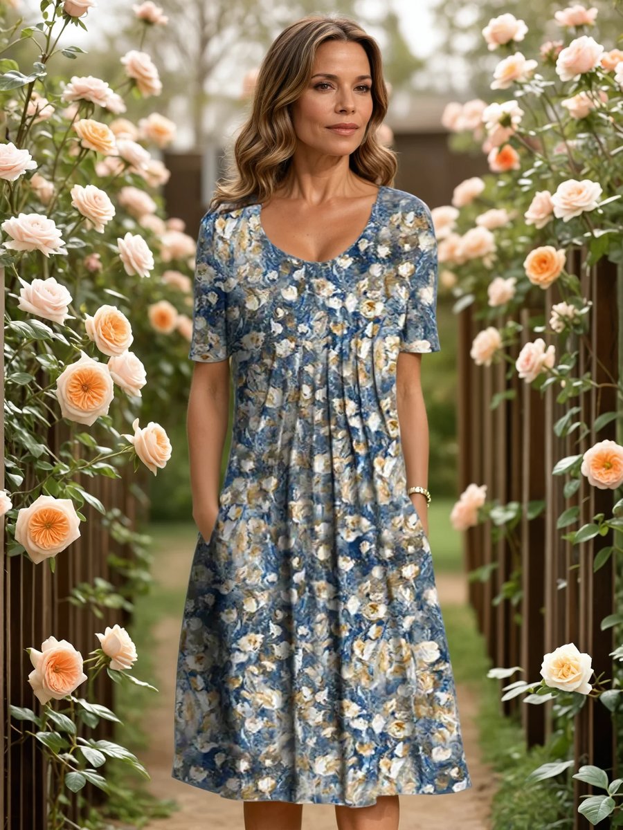 Women's Floral Summer Dress A-Line Midi Everyday Stretch - Light Blue Floral
