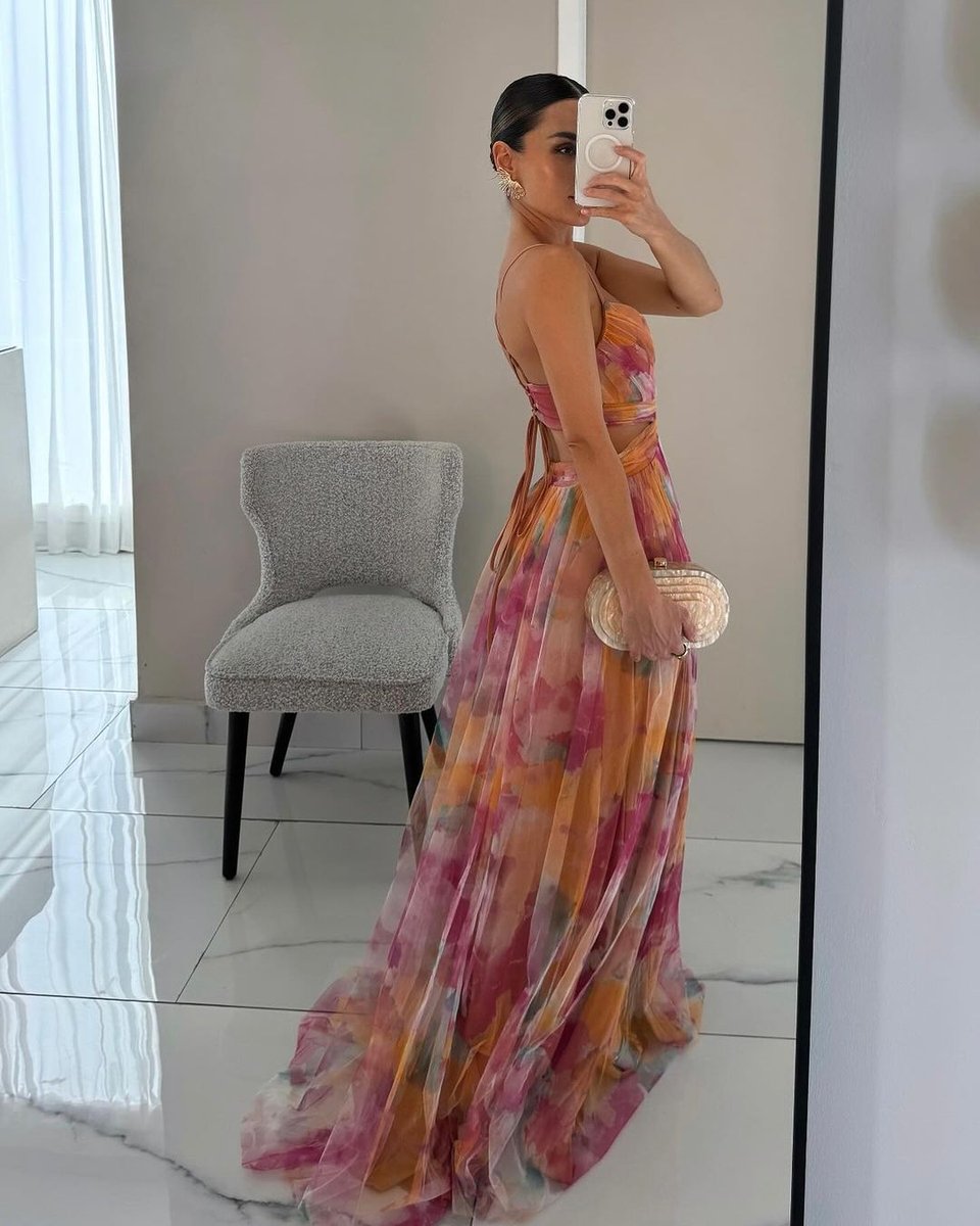 Women's Floral Summer Dress Maxi V-Neck High-Waist Chiffon Gown