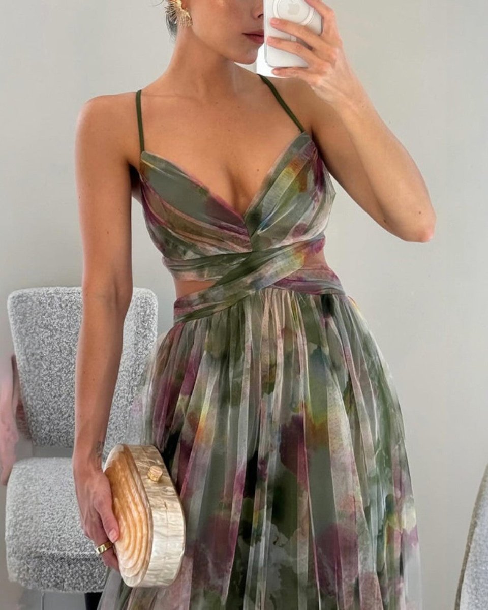 Women's Floral Summer Dress Maxi V-Neck High-Waist Chiffon Gown