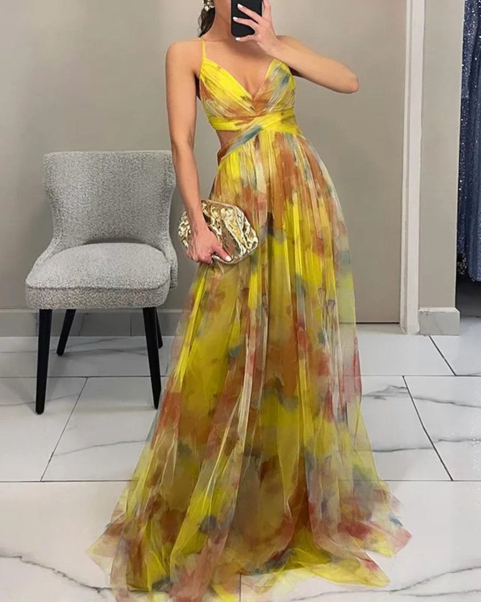 Women's Floral Summer Dress Maxi V-Neck High-Waist Chiffon Gown - Yellow