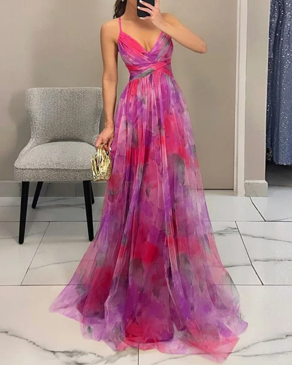 Women's Floral Summer Dress Maxi V-Neck High-Waist Chiffon Gown - Pink