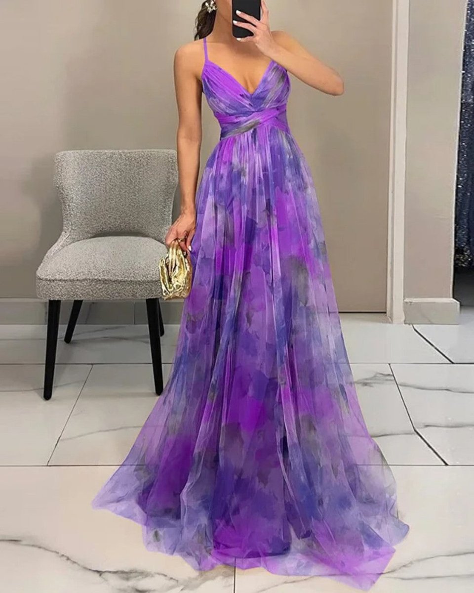 Women's Floral Summer Dress Maxi V-Neck High-Waist Chiffon Gown - Purple