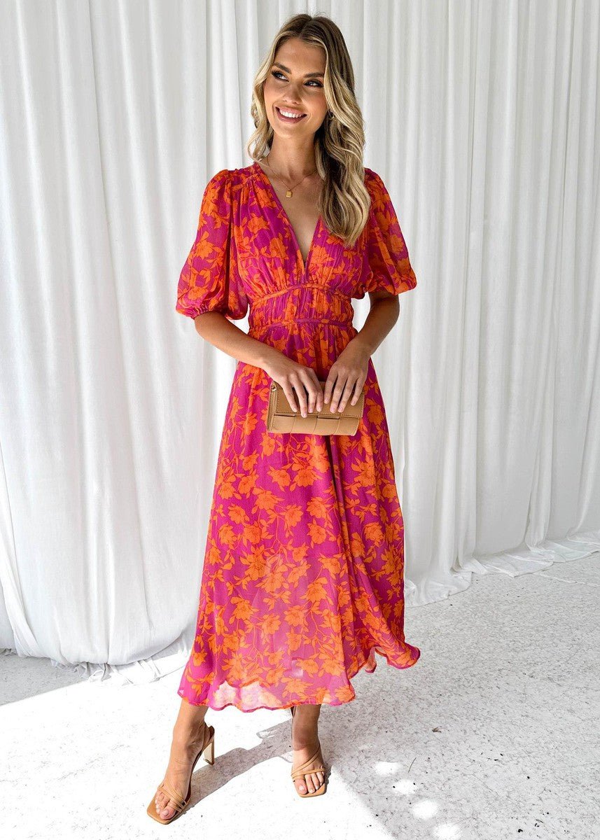 Women's Floral Summer Dress V-Neck Puff Sleeve Midi - Pink Orange