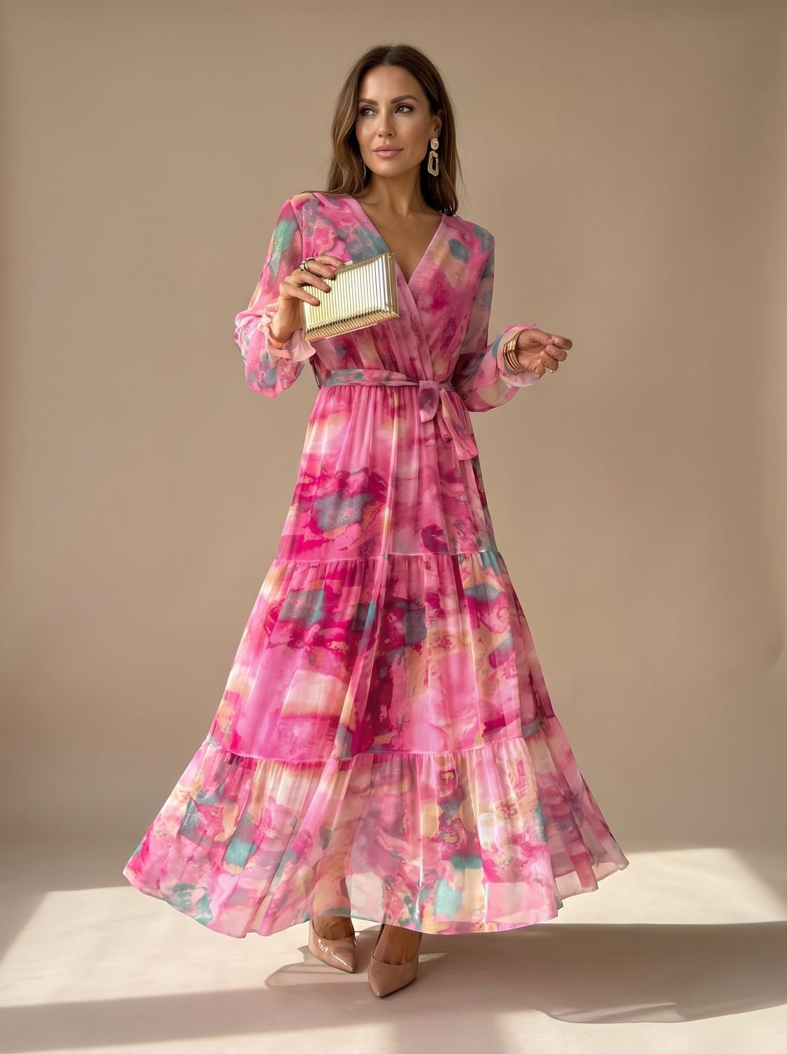 Women's Floral Tiered Wrap Maxi Dress Belted Long Sleeve