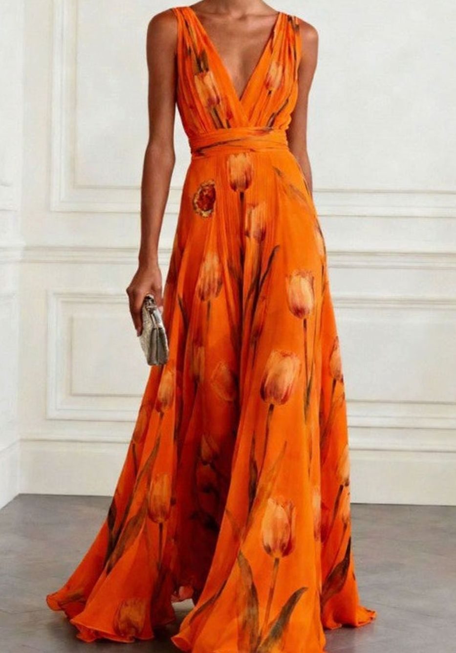 Women's Floral Tulip Print Chiffon V-Neck Maxi Party Gown - Orange