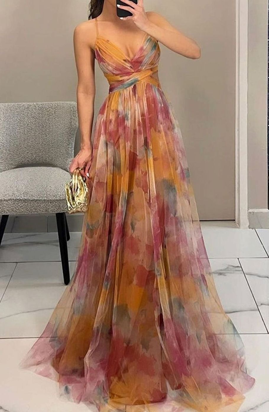 Women's Floral Tulle Spaghetti-Strap Open-Back Maxi Dress - Orange