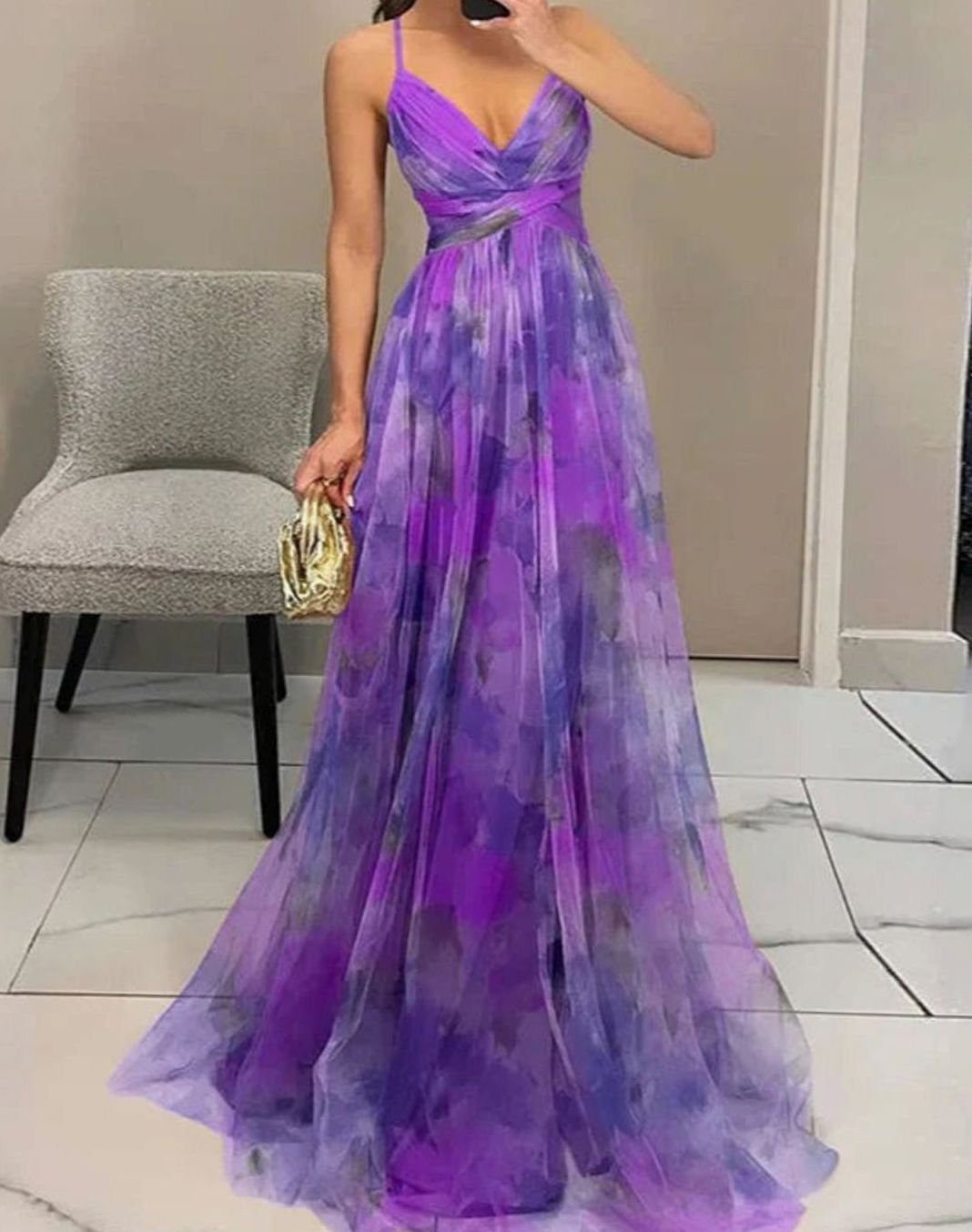 Women's Floral Tulle Spaghetti-Strap Open-Back Maxi Dress - Violet