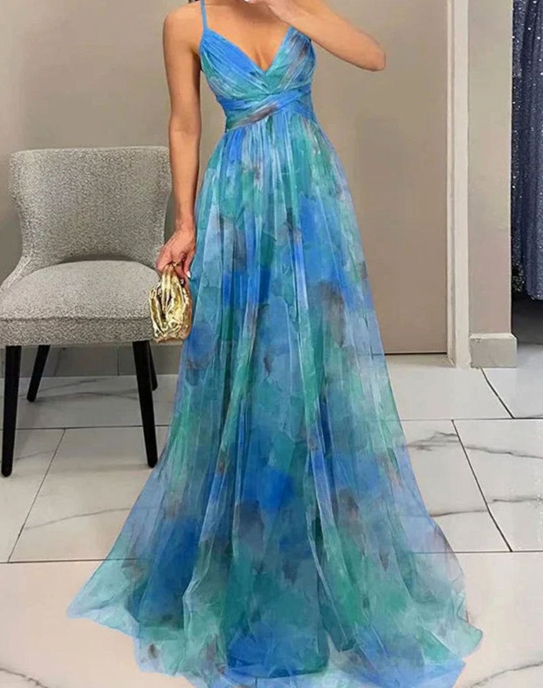 Women's Floral Tulle Spaghetti-Strap Open-Back Maxi Dress - Blue