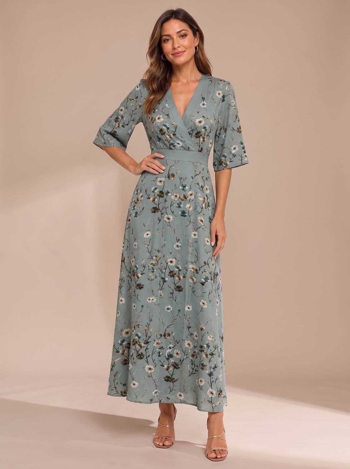 Women's Floral V-Neck Fitted Waist Maxi Party Dress - Golden Grace