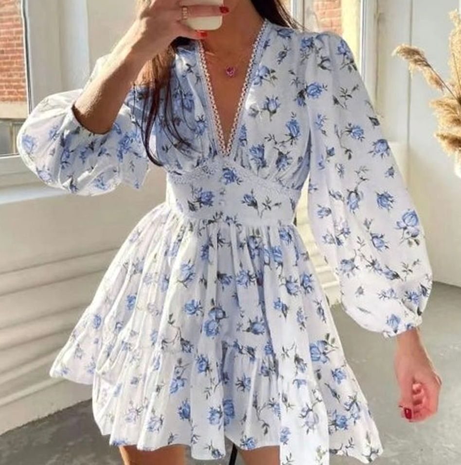 Women's Floral V-Neck Ruffle Lantern-Sleeve Mini Dress - Blue