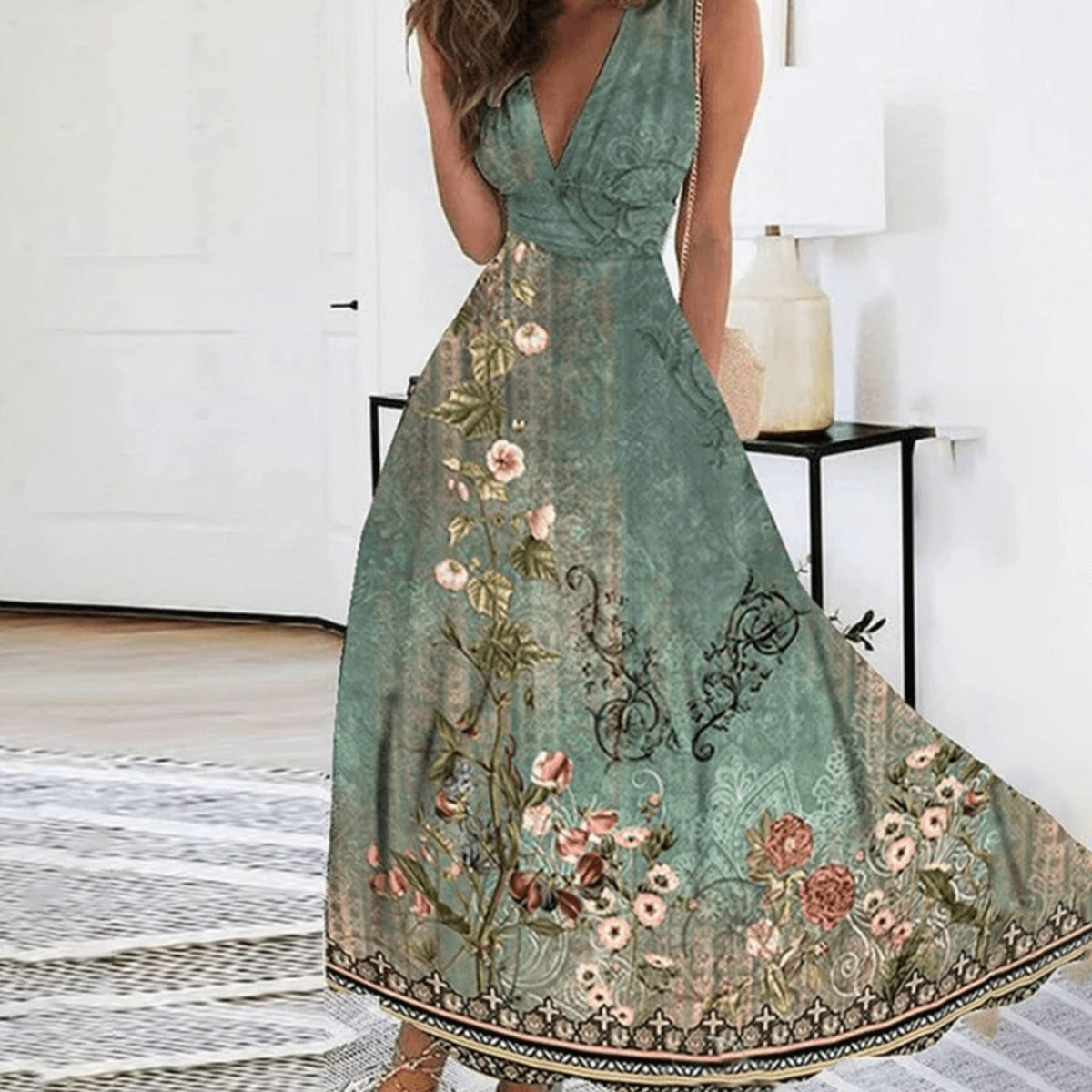 Women's Floral V-Neck Sleeveless Maxi Wedding Guest Dress - Blue Green