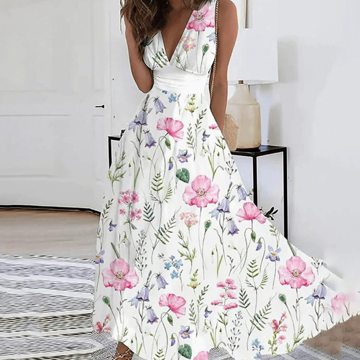 Women's Floral V-Neck Sleeveless Maxi Wedding Guest Dress - White Pink