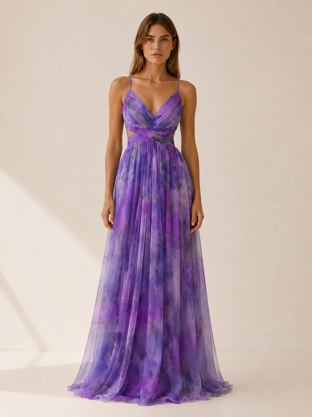 Women's Floral V-Neck Slim-Strap Wedding Guest Maxi Dresses - Purple