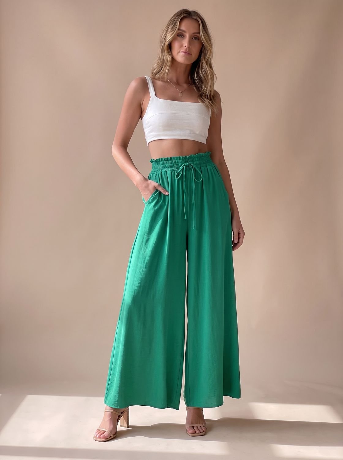Women's Floral Wide-Leg Palazzo Pants Elastic Drawstring Waist - Green