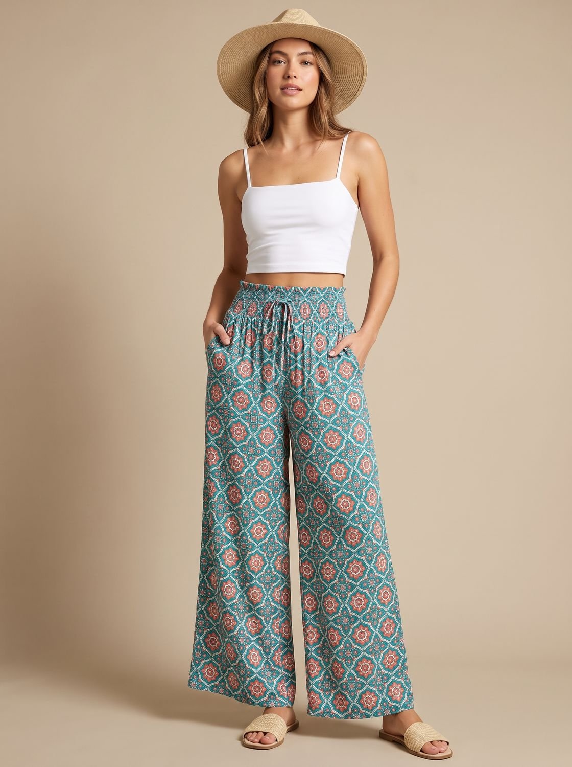 Women's Floral Wide-Leg Palazzo Pants Elastic Drawstring Waist - Subtle Taupe