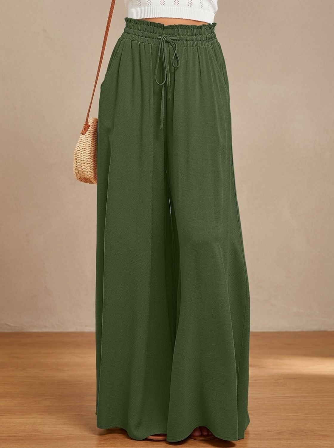Women's Floral Wide-Leg Palazzo Pants Elastic Drawstring Waist - Dark Green
