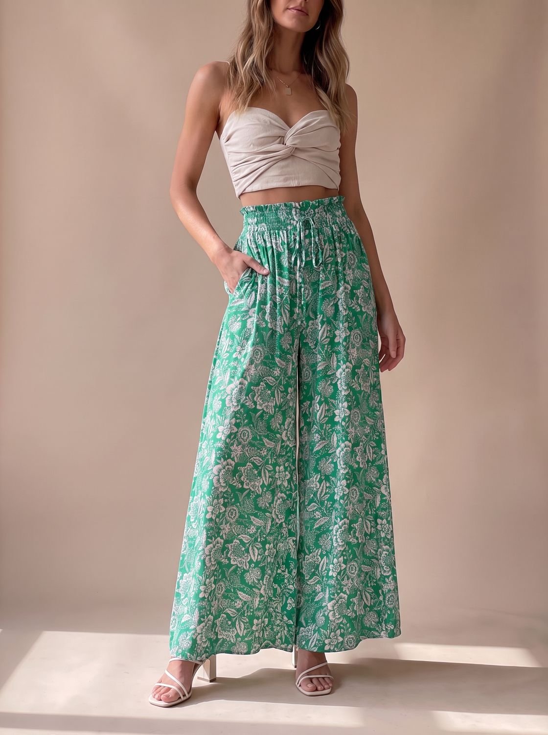 Women's Floral Wide-Leg Palazzo Pants Elastic Drawstring Waist