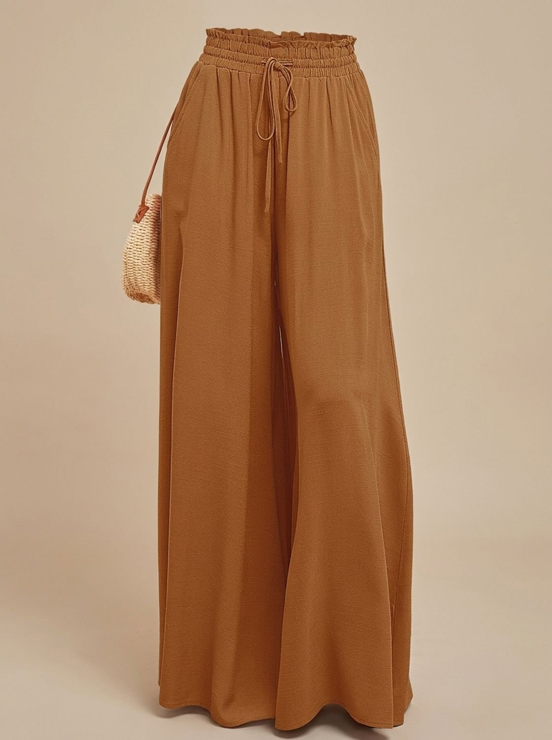 Women's Floral Wide-Leg Palazzo Pants Elastic Drawstring Waist - Dark Brown