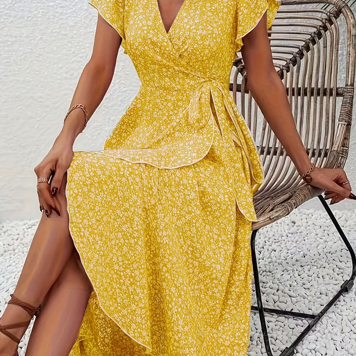 Women's Floral Wrap Maxi Wedding Guest Dress Ruffle V-Neck, Purple - Yellow