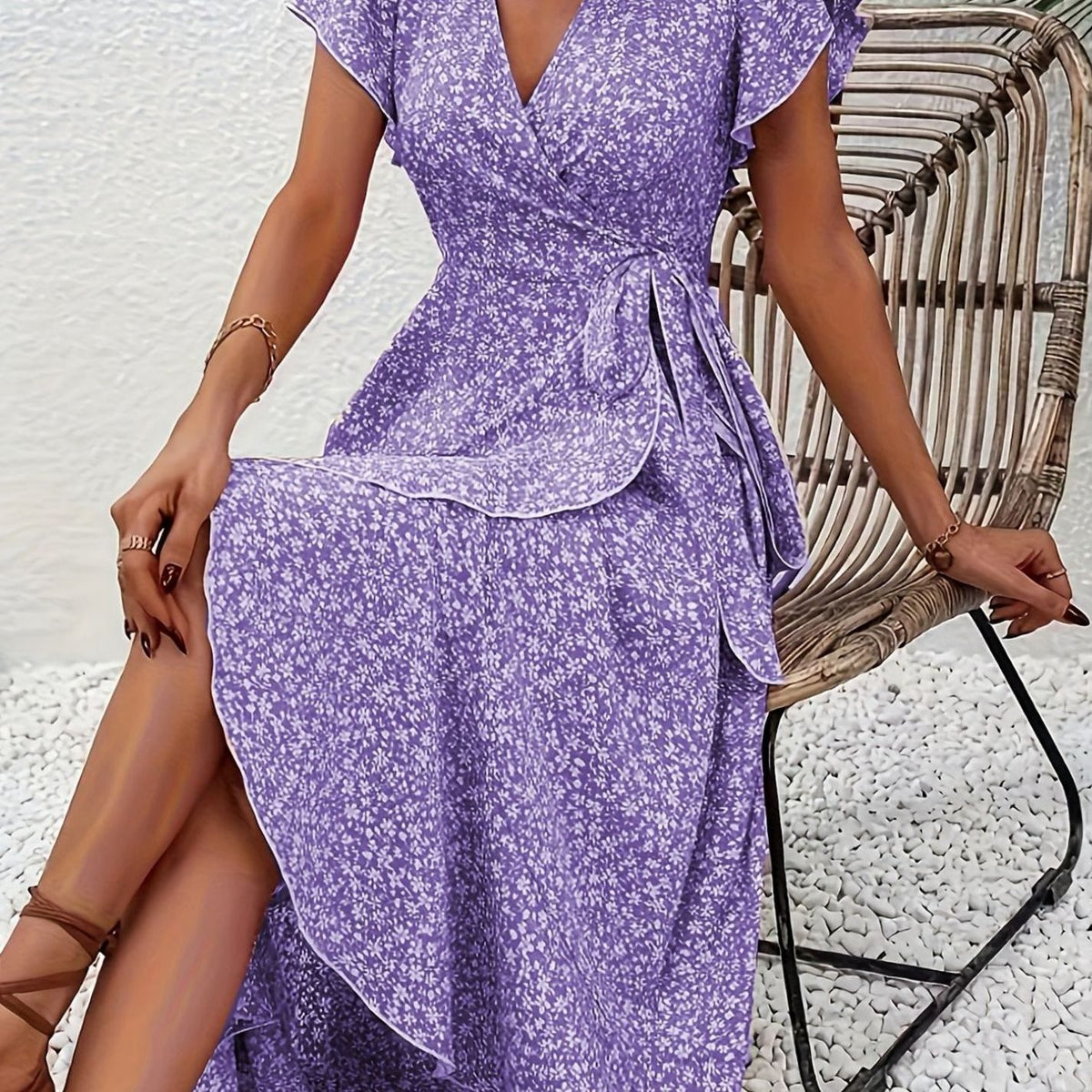 Women's Floral Wrap Maxi Wedding Guest Dress Ruffle V-Neck, Purple - Purple