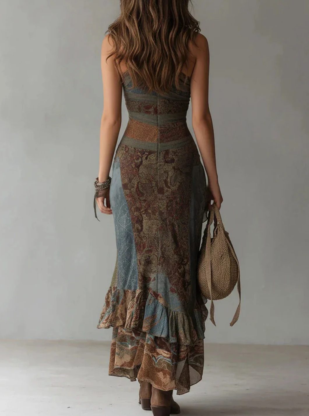 Women's Flowy Floral Maxi Dress One-Shoulder Asymmetric Ruffle Slit