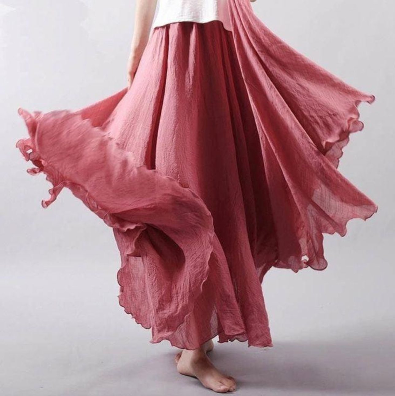 Women's Flowy Linen Maxi Summer Dress Skirt Elastic Waist - Dark Pink