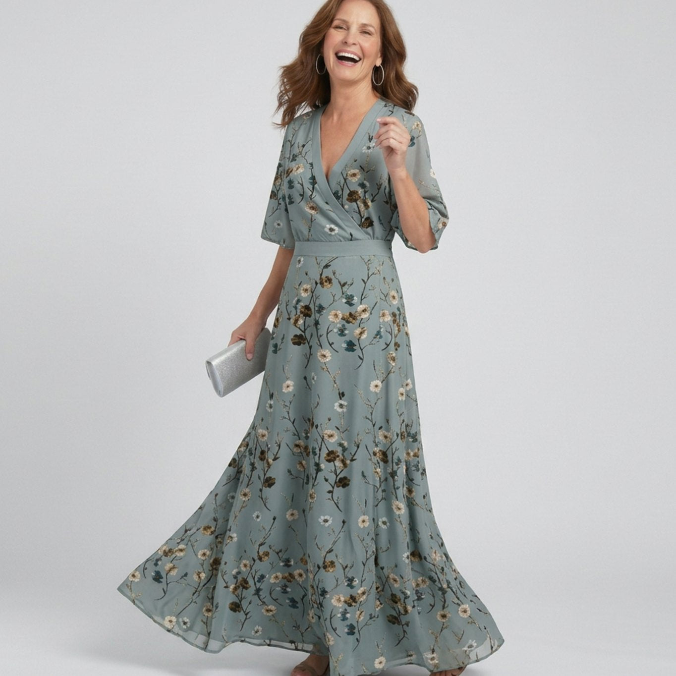 Women's Flowy Maxi Dress Floral V-Neck Wrap Silhouette - Sage Green