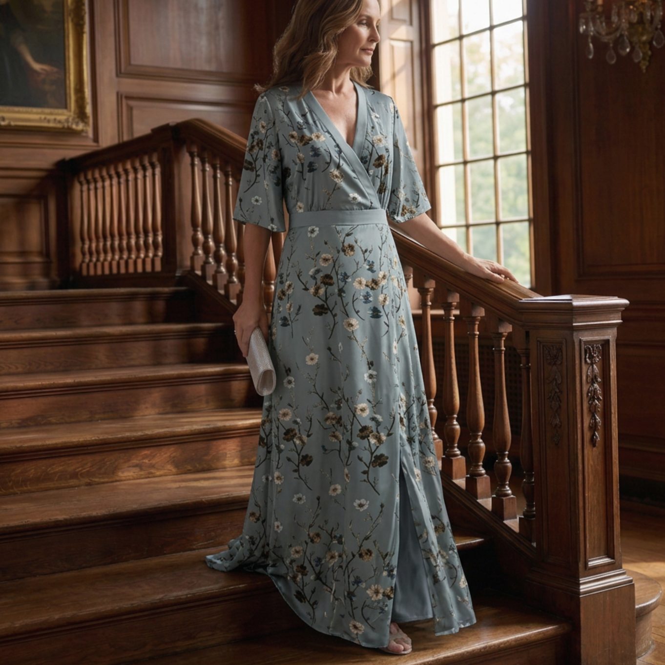 Women's Flowy Maxi Dress Floral V-Neck Wrap Silhouette