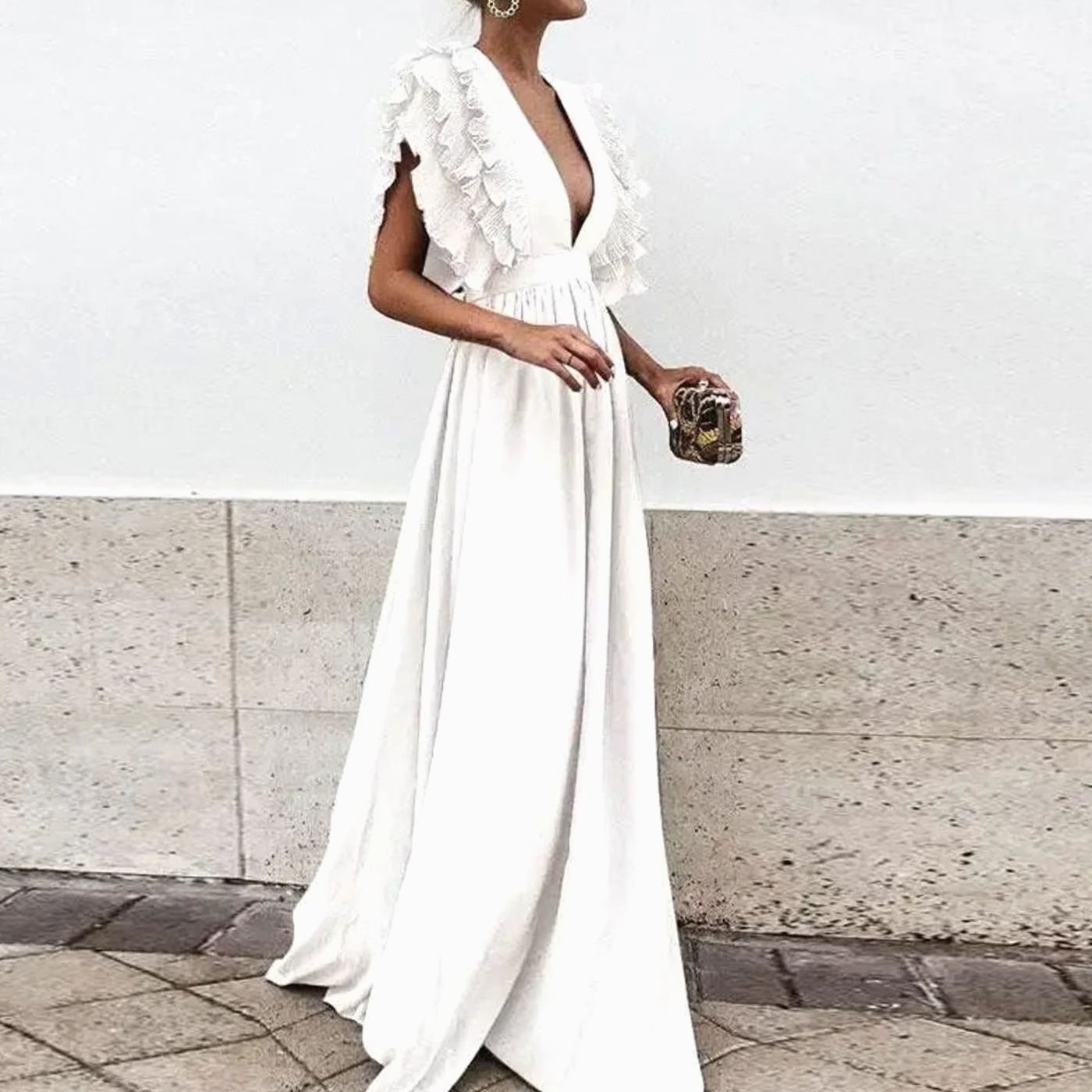Women's Flowy Maxi Wedding Guest Dress Ruffled V-Neck - White