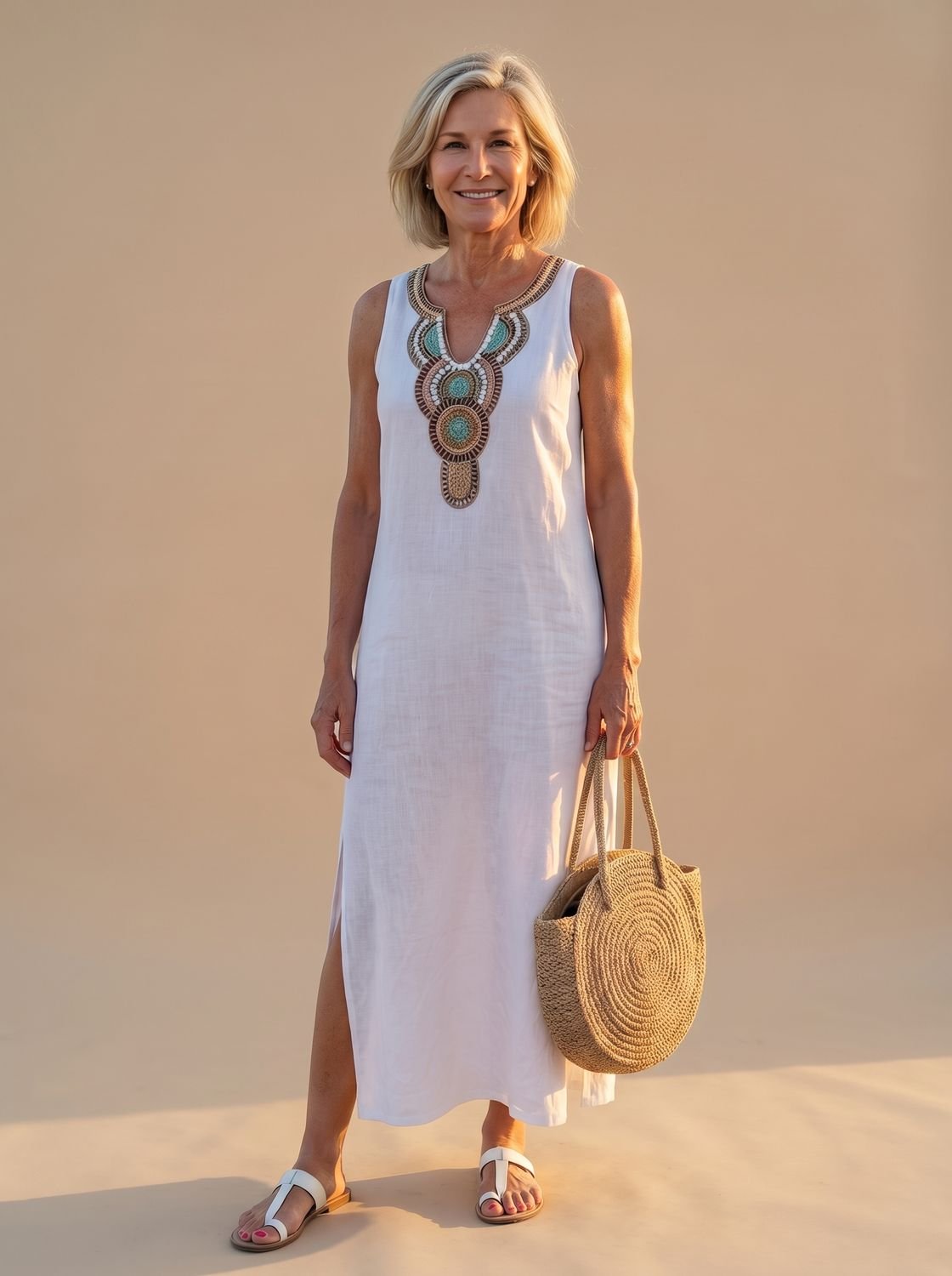 Women's Flowy Midi Dress Sleeveless Embroidered Neckline Side Slit - White