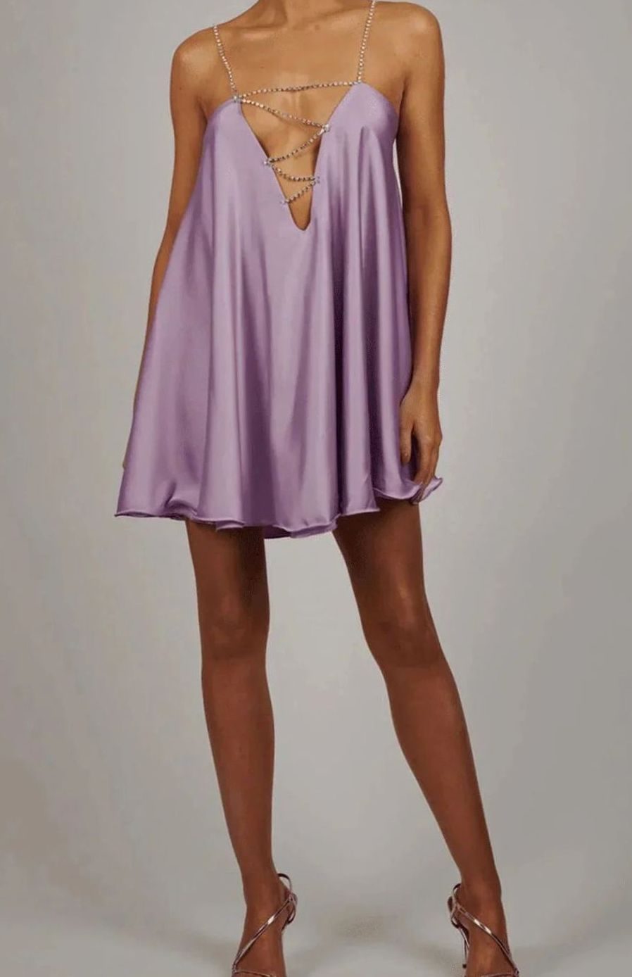 Women's Flowy Mini Wedding Guest Dress Diamante Chain Satin