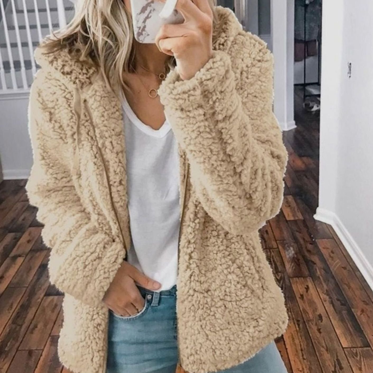 Women's Fluffy Teddy Open-Front Hooded Cardigan - Beige