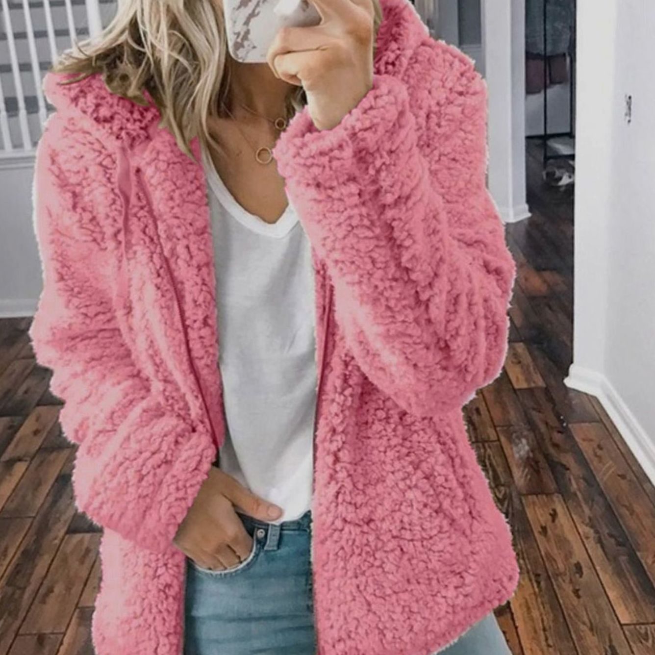Women's Fluffy Teddy Open-Front Hooded Cardigan - Pink