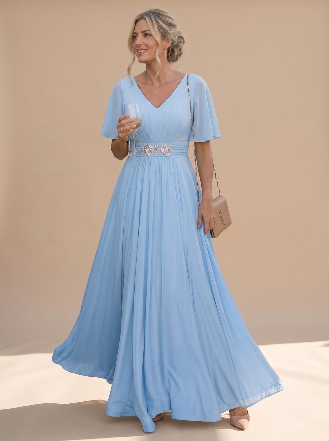 Women's Flutter-Sleeve V-Neck Embellished A-Line Formal Maxi Dress - Light Blue
