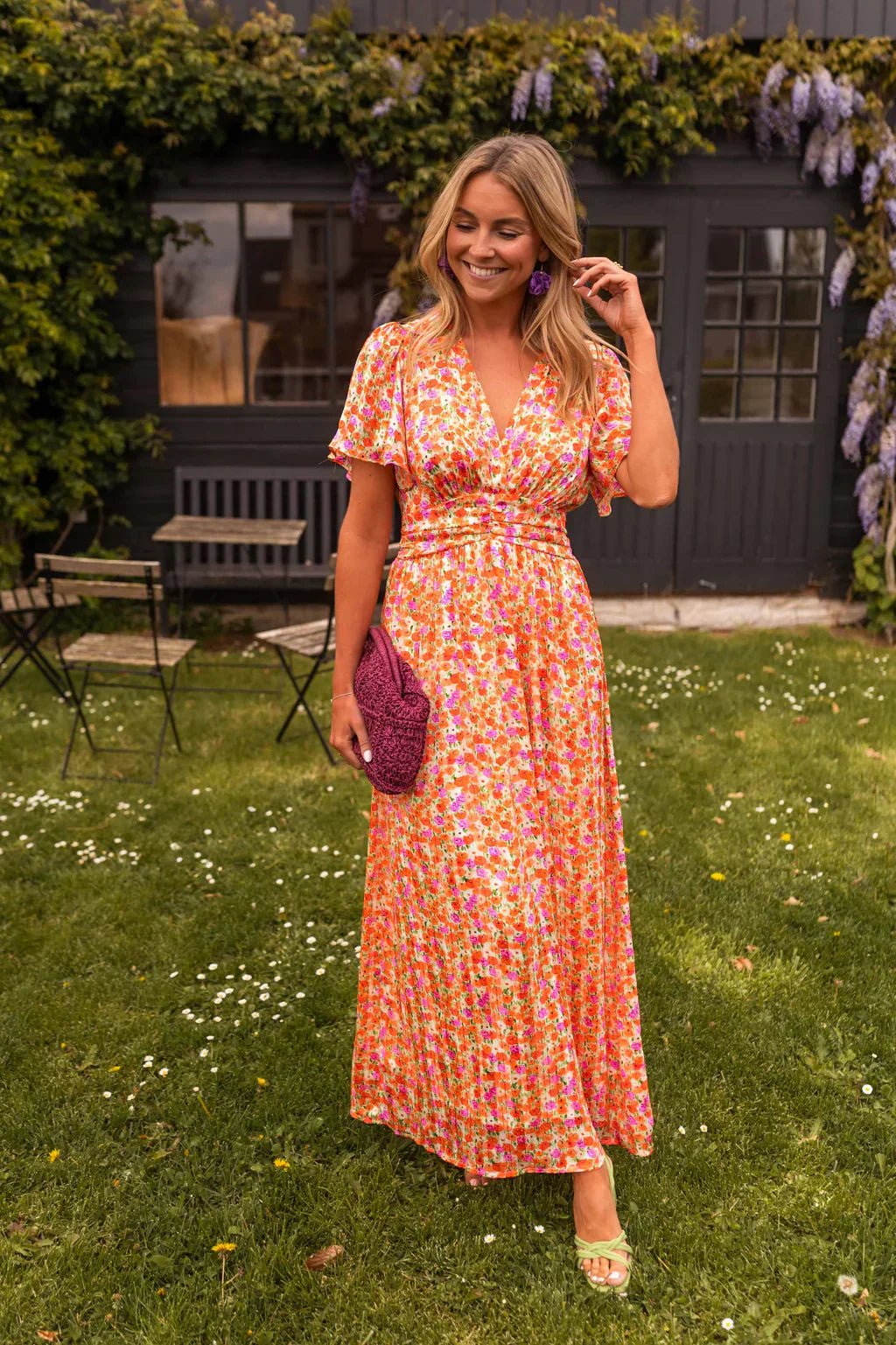 Women's Flutter-Sleeve V-Neck Floral Pleated Maxi Dresses - Orange