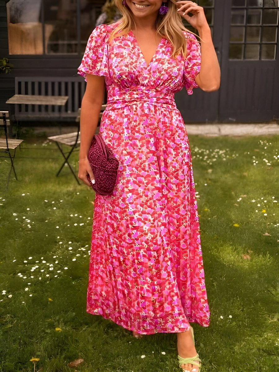 Women's Flutter-Sleeve V-Neck Floral Pleated Maxi Dresses - Pink