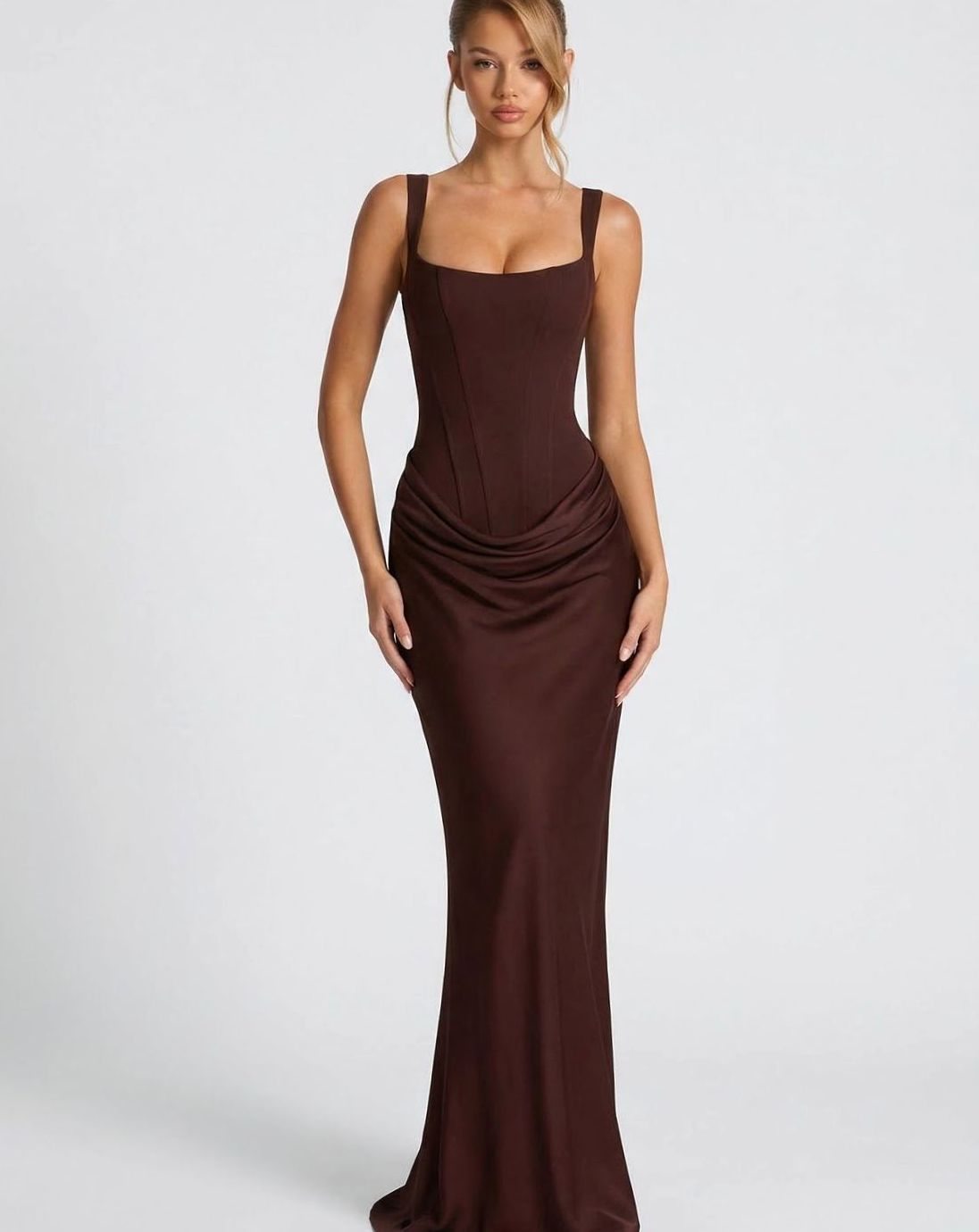 Women's Formal Corset-Bodice Draped Satin Maxi Dress - Brown