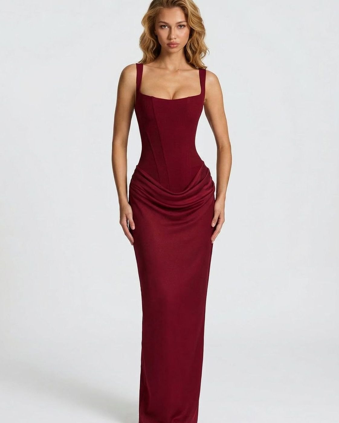 Women's Formal Corset-Bodice Draped Satin Maxi Dress