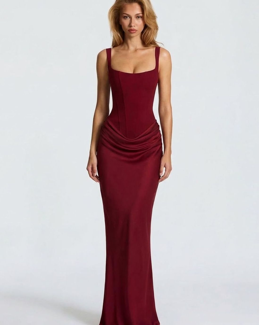 Women's Formal Corset-Bodice Draped Satin Maxi Dress - Burgundy